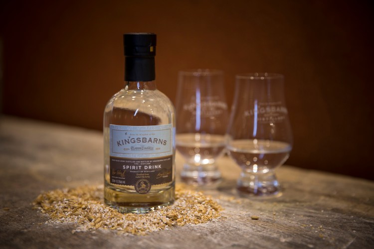 Kingsbarns New Make Spirit with barley and glasses